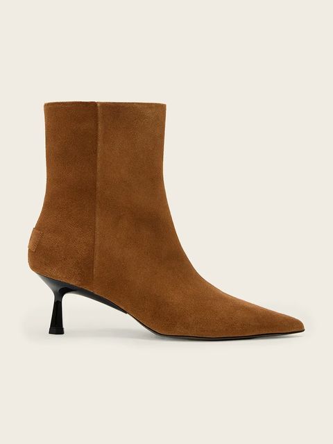 AllSaints botki zamszowe Vivian Suede Boot damskie kolor brązowy na szpilce W009FD - zdjęcie produktu nr 1
