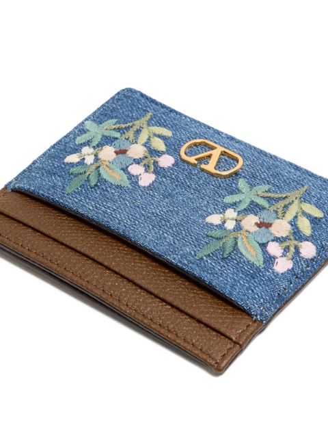 Valentino Garavani VLogo Signature card holder in denim with floral embroidery - Brown