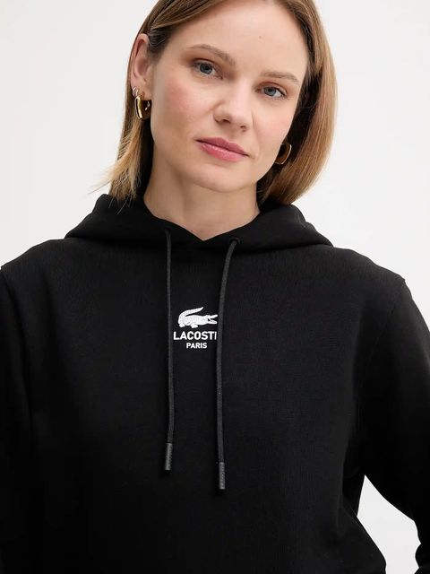 Lacoste bluza bawełniana kolor czarny z kapturem z nadrukiem SH2740
