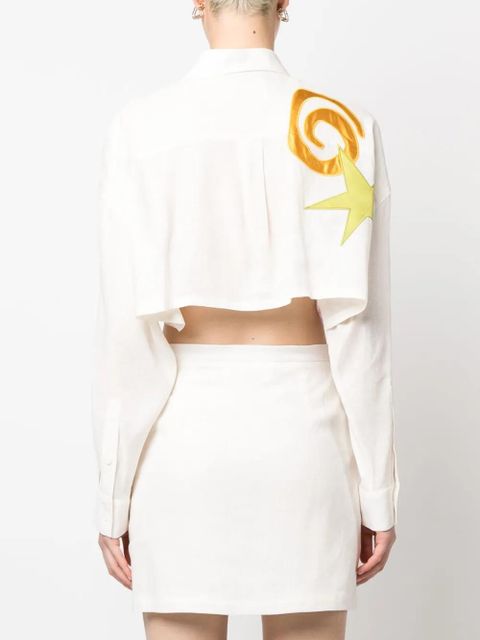 Marni slogan-embroidered long-sleeve cropped shirt - Neutrals