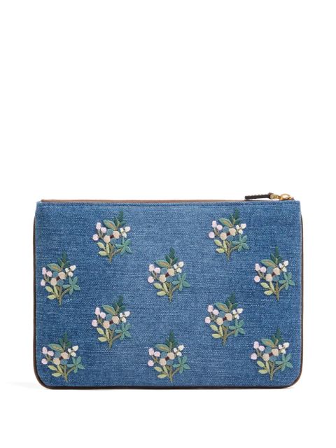 Valentino Garavani Vlogo Signature clutch bag in denim with floral embroidery - Blue