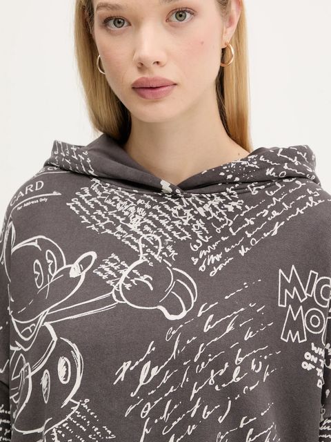 Desigual bluza bawełniana LETTERS MICKEY damska kolor szary z kapturem wzorzysta 25WWSK03