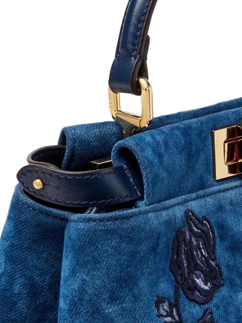 FENDI mini Peekaboo floral-embroidered denim tote bag - Blue