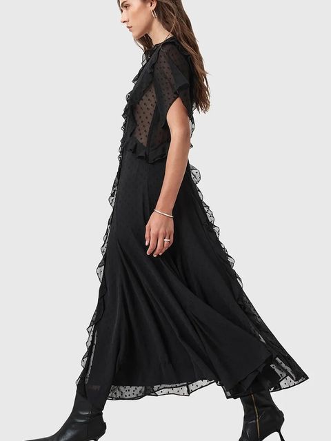 AllSaints sukienka MARI kolor czarny maxi rozkloszowana W016DD