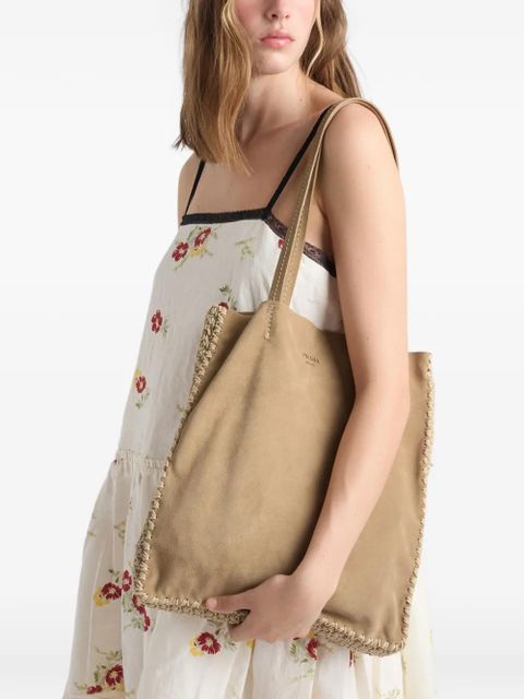 Prada large suede and crochet tote bag - Neutrals