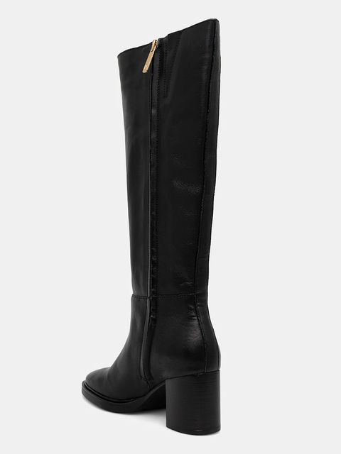 Tommy Hilfiger kozaki skórzane STACKED HEEL LEATHER LONG BOOT damskie kolor czarny na słupku FW0FW08865