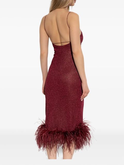 Oséree feather-trimmed sparkle midi dress - Red