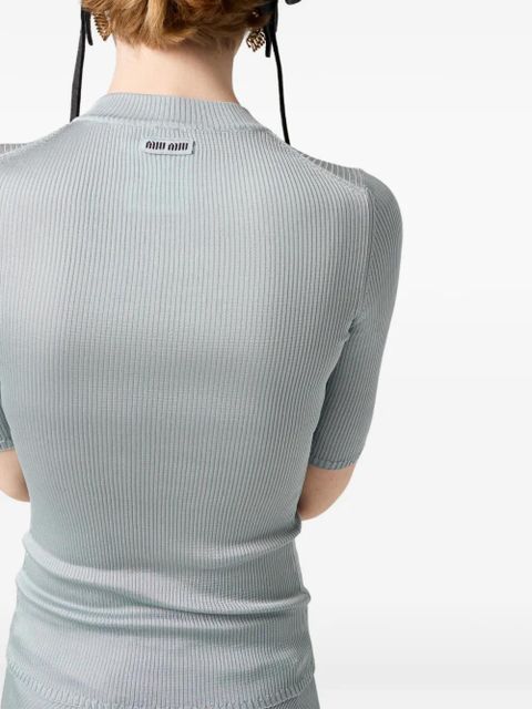 Miu Miu ribbed logo-patch T-shirt - Blue