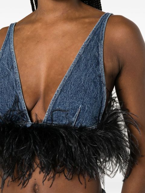 Miu Miu feather-trim denim top - Blue