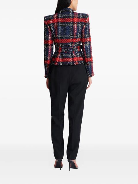 Balmain belted plaid tweed jacket - Blue