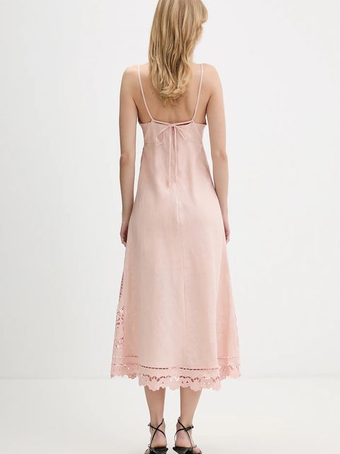 Farm Rio sukienka lniana kolor różowy midi rozkloszowana 351184