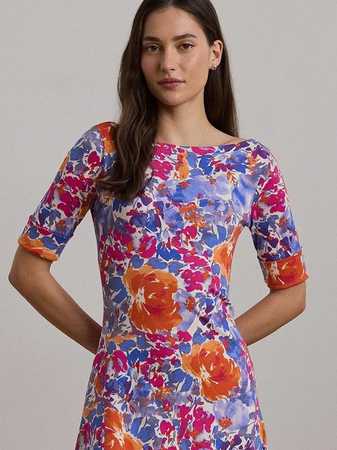 Lauren Ralph Lauren sukienka bawełniana kolor niebieski midi rozkloszowana 250972596