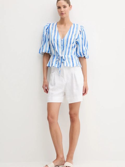 Pedro del Hierro bluzka lniana damska kolor niebieski wzorzysta 7659079