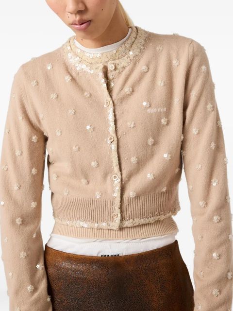 Miu Miu embroidered-details crew-neck cardigan - Neutrals