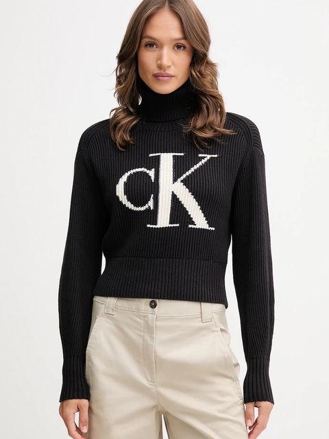 Calvin Klein Jeans sweter bawełniany damski kolor czarny ciepły z golfem LV047D349G - zdjęcie produktu nr 1