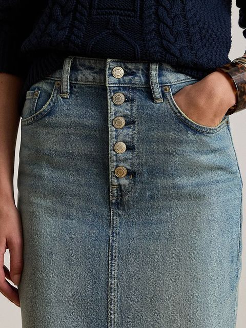 Lauren Ralph Lauren spódnica jeansowa kolor niebieski midi prosta 200P03635