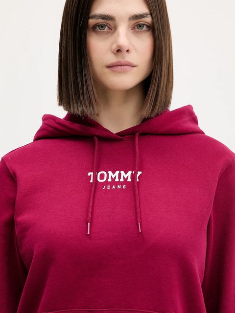 Tommy Jeans bluza bawełniana damska kolor bordowy z kapturem z nadrukiem DW0DW21921