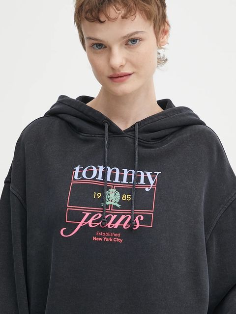 Tommy Jeans bluza bawełniana damska kolor czarny z kapturem z nadrukiem DW0DW22169