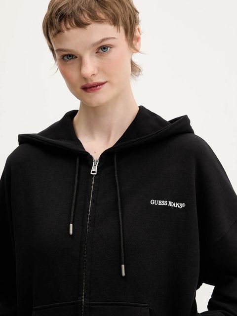 Guess Jeans bluza bawełniana damska kolor czarny z kapturem gładka W6RQ32 K68I4