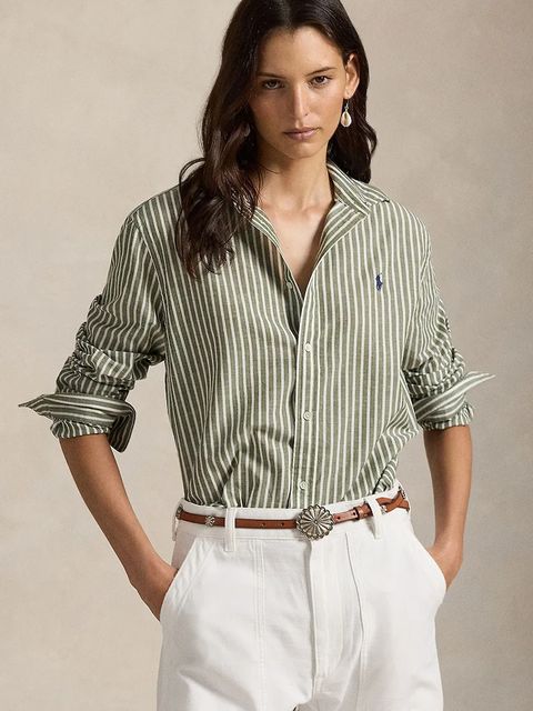 Polo Ralph Lauren koszula z dodatkiem lnu damska kolor zielony regular z kołnierzykiem klasycznym 211971514 - zdjęcie produktu nr 1