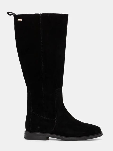 Tommy Hilfiger kozaki zamszowe FLAG SUEDE LONG BOOT ZIP damskie kolor czarny na płaskim obcasie FW0FW08178