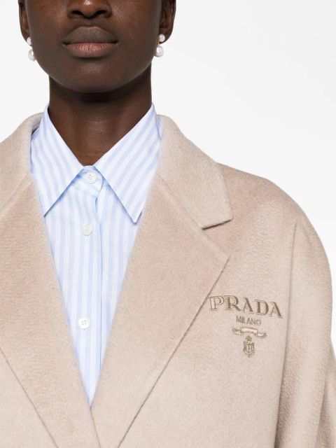Prada logo-embroidered cashmere coat - Neutrals