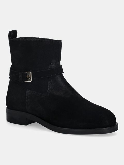 Tommy Hilfiger botki zamszowe TH BUCKLE RIDING SUEDE BOOTIE damskie kolor czarny na płaskim obcasie FW0FW09047