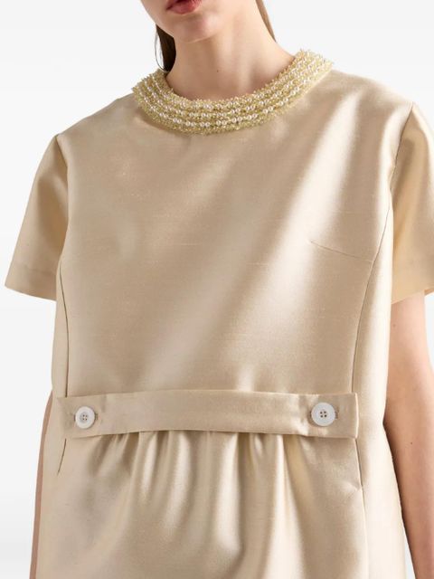 Prada embroidered-neck mini dress - Neutrals