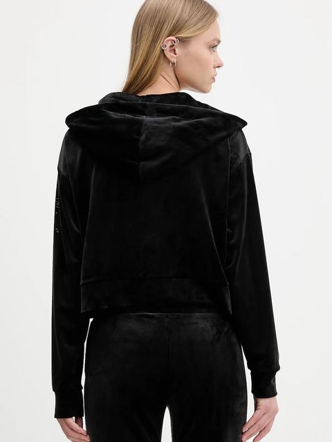 Juicy Couture bluza welurowa damska kolor czarny z kapturem gładka JCWAS225310