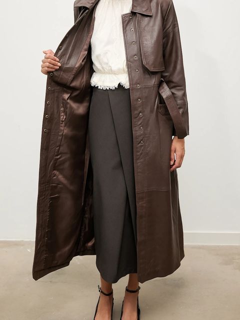 Answear.LAB trencz skórzany kolor brązowy