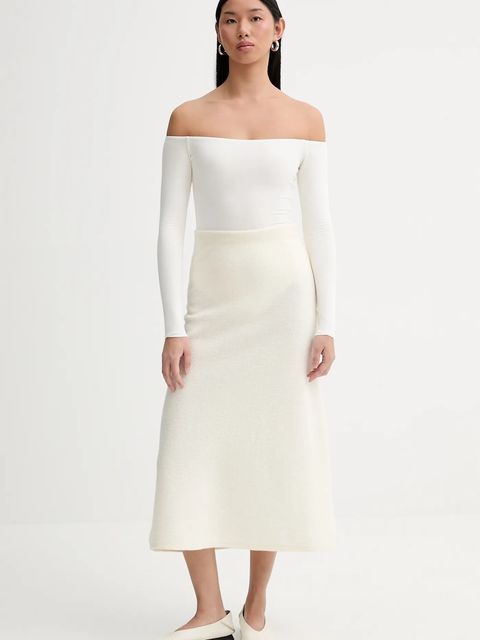 Calvin Klein spódnica wełniana kolor beżowy midi rozkloszowana LV144E366G