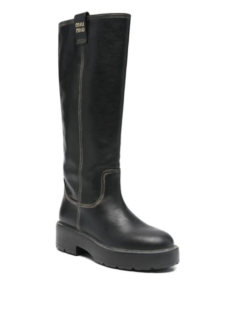 Miu Miu logo-plaque knee-high boots - Black