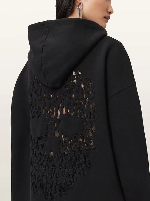 AllSaints bluza z bawełną CRANEO damska kolor czarny z kapturem z aplikacją W064JD