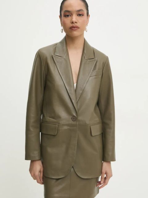 Answear.LAB marynarka skórzana kolor zielony jednorzędowa gładka