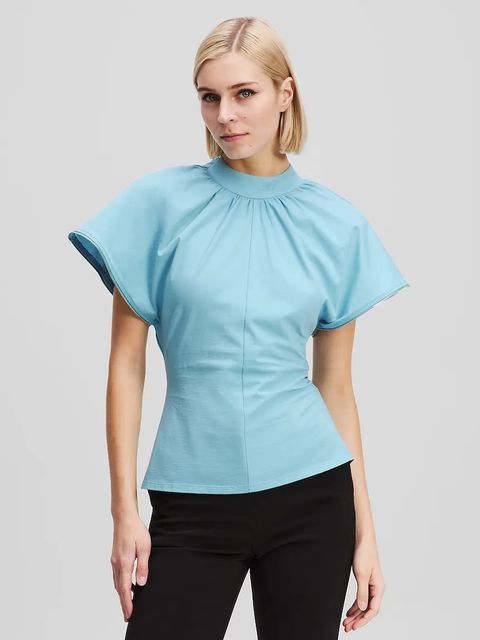 Karl Lagerfeld t-shirt bawełniany damskie kolor niebieski z półgolfem A3W17012 - zdjęcie produktu nr 1