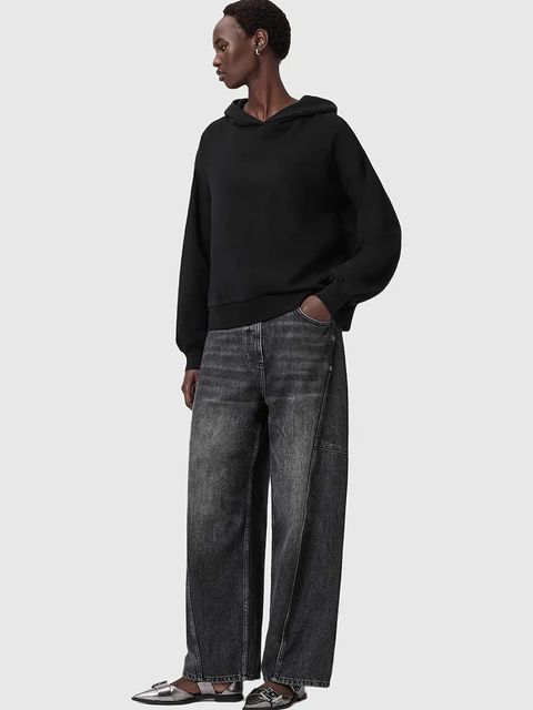 AllSaints bluza bawełniana damska kolor czarny z kapturem z aplikacją W090JD