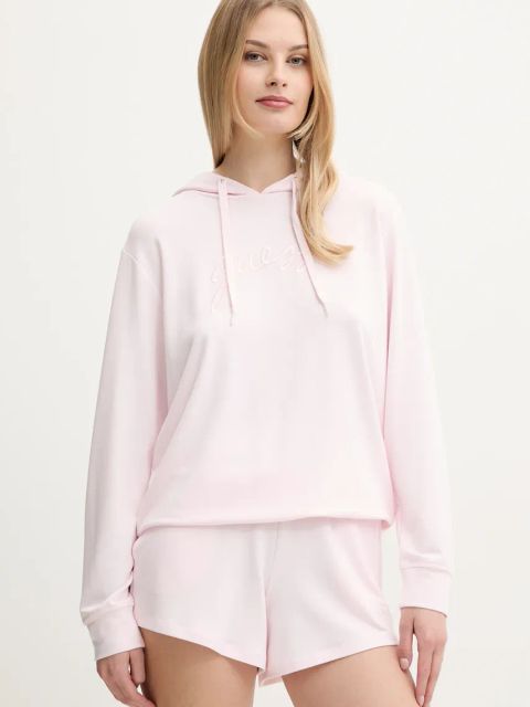 Guess bluza LUCIA damska kolor różowy z kapturem z aplikacją O5GQ00 KCQP2