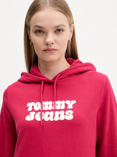 Tommy Jeans bluza bawełniana damska kolor różowy z kapturem z nadrukiem DW0DW21962
