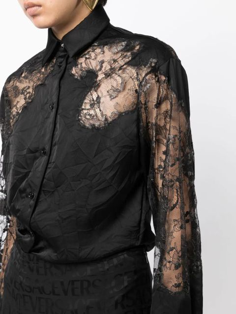 Versace sheer-lace crinkled satin shirt - Black