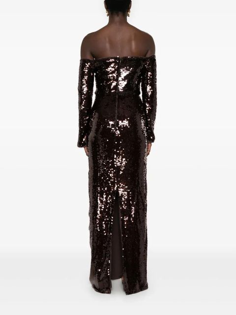 Self-Portrait sequin off-shoulder maxi dress - Brown