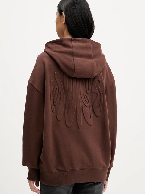 Hugo Blue bluza bawełniana damska kolor brązowy z kapturem z aplikacją 50553980