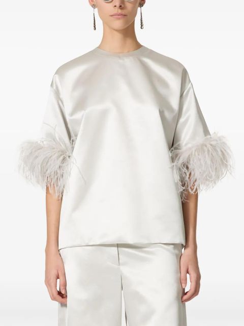 Valentino Garavani feathered-sleeve silk blouse - Neutrals