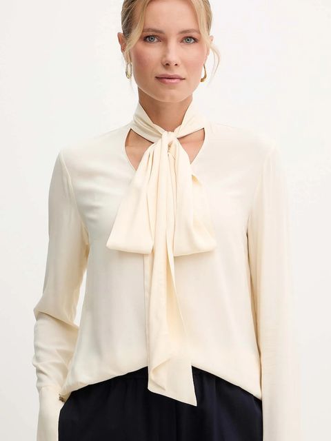 Patrizia Pepe koszula damska kolor beżowy regular z wiązanym dekoltem 2C1648 A8I1