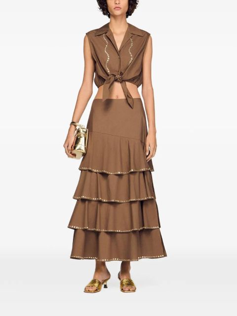 SANDRO rhinestone-embellished tie-up hem shirt - Brown
