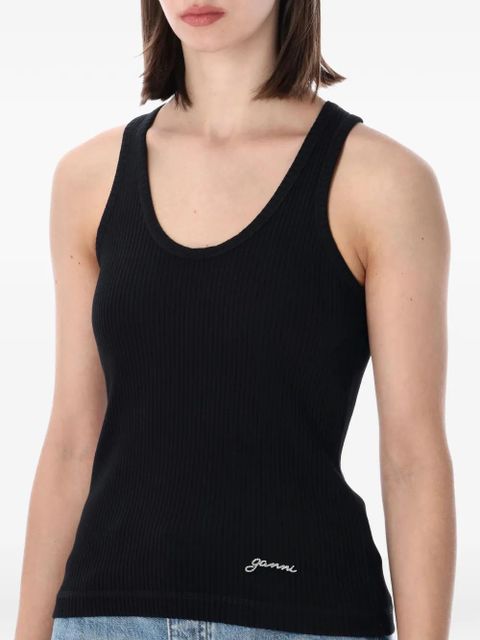 GANNI ribbed-knit logo-embroidered tank top - Black