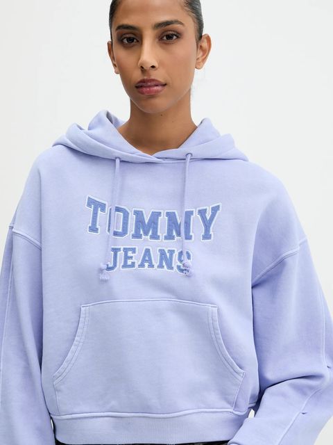 Tommy Jeans bluza bawełniana damska kolor niebieski z kapturem z aplikacją DW0DW21598