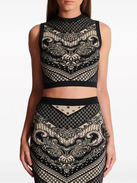 Balmain patterned intarsia-knit crop top - Black