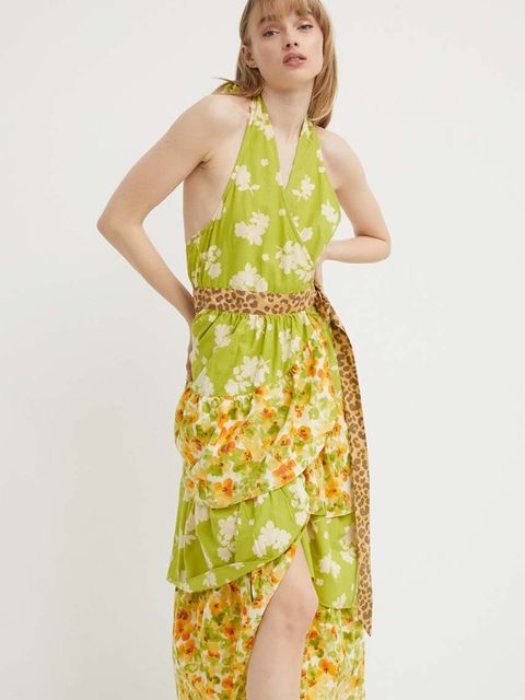 Never Fully Dressed sukienka bawełniana kolor zielony maxi rozkloszowana