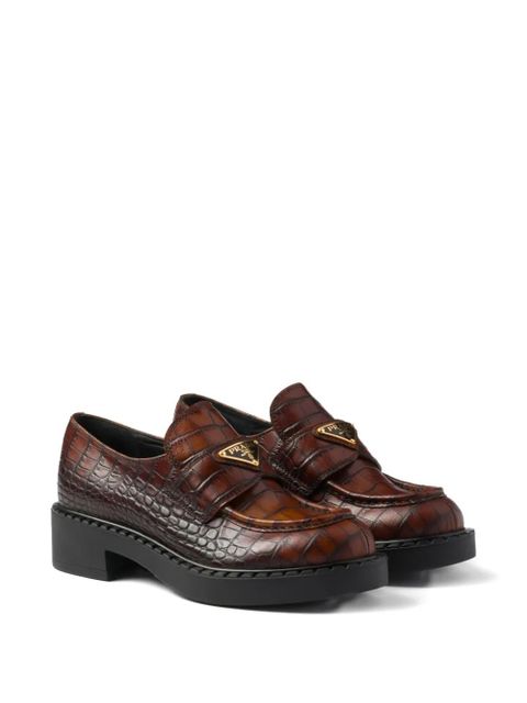 Prada crocodile-print logo loafers - Brown