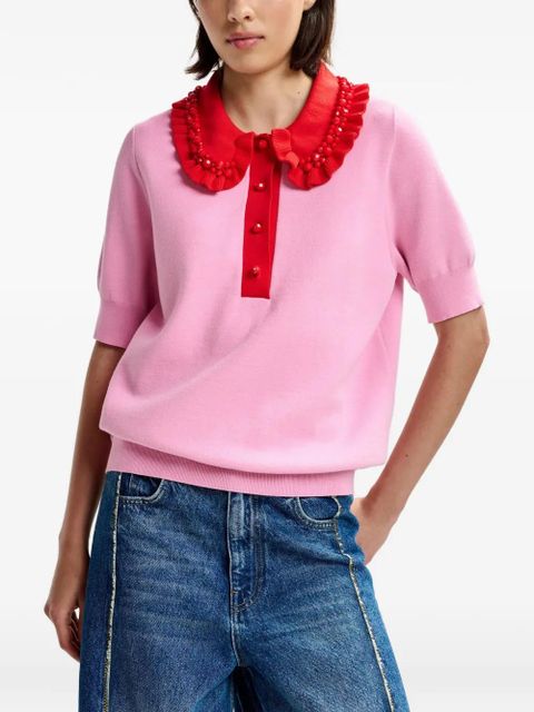 Essentiel Antwerp beaded-embellished ruffled-trim polo top - Pink